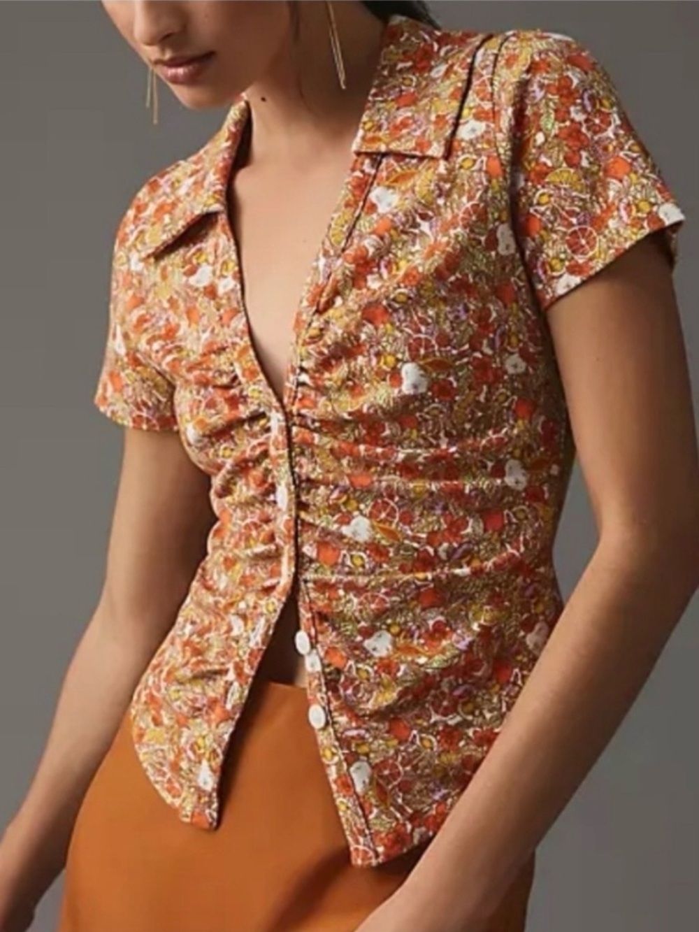 Anthropologie Maeve Ruched Button-Front Citrus/Floral Top, seen on General Hosp!
